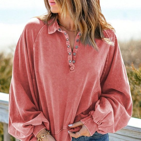 Red Casual Womens Half Button Raglan Sleeve Sweatshirt - Picture 3 of 5